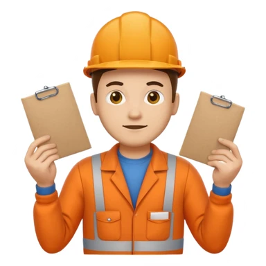 emoji style railway engineer full body in orange overalls, carrying one piece of paper with both hands in front of him sticker