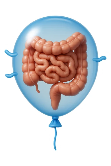 EMOJI STILE IPHONE 3D DI UN INTESTINO CHIUSO IN UN PALLONCINO CHE SIMBOLEGGIA GONFIORE, IPERREALISTICA 4K sticker