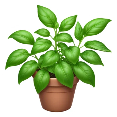 Cinematic Realistic Basil Emoji, Lush and fragrant, with vibrant green leaves that release a fresh, herbal aroma. The soft, glossy leaves are delicately arranged along slender stems, exuding vitality and flavor. Soft glowing outline, capturing the essence of freshness, growth, and aromatic delight in a blossoming basil plant! sticker