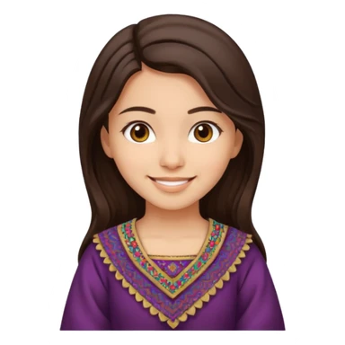 girl with dark brown hair, Afghan dress, minimal details, happy emoji sticker