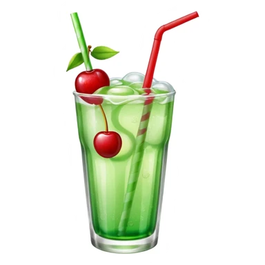 Create an emoji with a clear rounded glass, bright transparent green soda with fine bubbles, a smooth vanilla scoop, a glossy red cherry, and a red straw, using vibrant colors, soft shading, and clear glass highlights.
 sticker