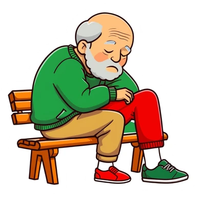 Old Man sleeping sideways on bench in green sweater, light brown shorts, and grey shoes sticker