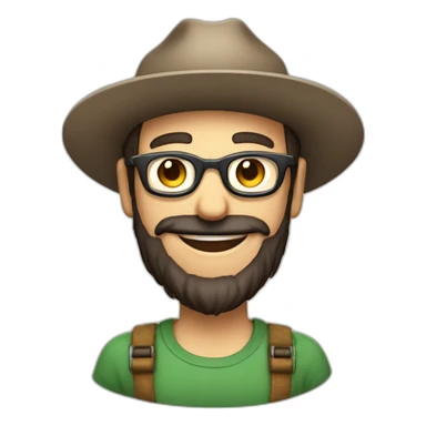happy smile gardener face long dark beard and very short dark hair round glasses brown eyes and a hat sticker