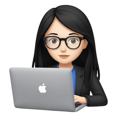 female student with black long hair working on a macbook laptop. sticker