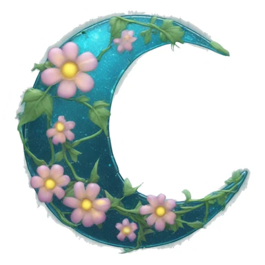 A translucent crescent moon made of cracked glass, with vines of bioluminescent flowers wrapping around it.

 sticker