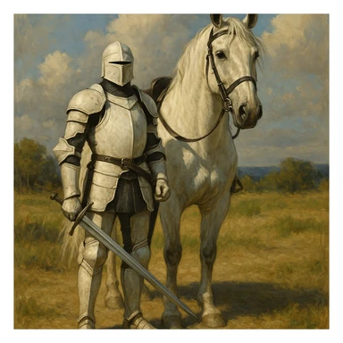 white-armored warrior beside a majestic horse sticker