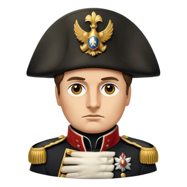 Cinematic Realistic Napoleon Bonaparte Portrait Emoji, depicted as a commanding military leader with a determined gaze and iconic bicorne hat, rendered with dramatic textures and bold historical lighting that captures his imperial legacy. sticker