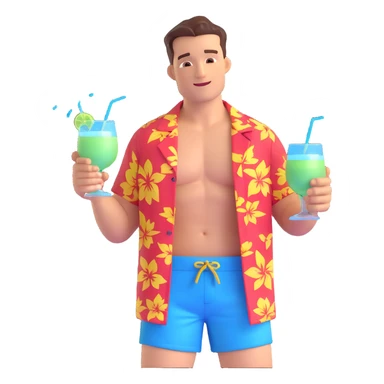 human male Unbuttoned Hawaiian shirt, swim trunks, shaking a cocktail shaker (sparks flying) sticker