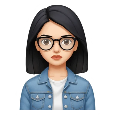 generate a pretty bratz emoji 
Make her wear a white dress with a denim jacket over it. black hair side part 

She should look exactly  like Deepika padukone. wearing tiny rectangular spectacle, looking sad sticker