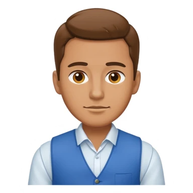 a man with a white shirt and a blue. vest sticker