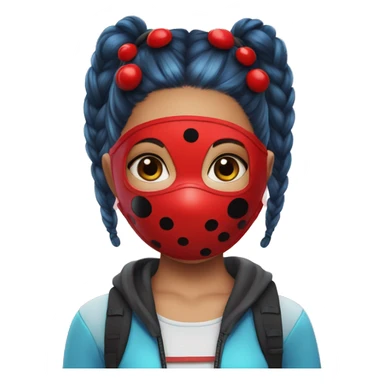 girl with blue pigtails and Ladybug wears a bright red mask with five black spots . sticker