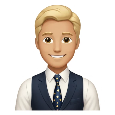 Homem de terno e colete pretos, com gravata azul escuro e estrelinhas pequenas douradas e um sorriso bem sensual e elegante  sticker