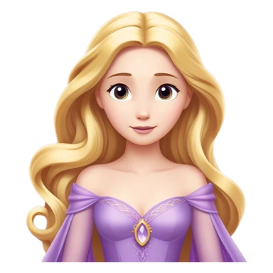 Cinematic Elegant Rapunzel Portrait Emoji, rendered in a realistic, vector-style with minimal shading and bold, simplified shapes. Depict Rapunzel (chest and above) with fair, porcelain skin, long, flowing golden hair cascading gracefully, and soft, gentle eyes, wearing her iconic light purple gown. The image glows with a soft, enchanting radiance and high shine, capturing timeless fairy-tale beauty. sticker