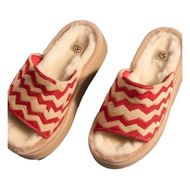 Camel slip-on slippers. red thin woven zig-zag line only encircling the top opening, and a chunky thick platform sole. “UGG” sticker