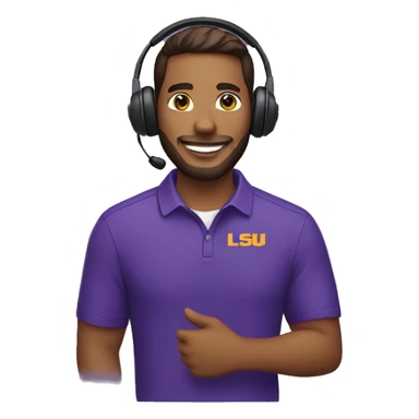 customer service male with headset wearing lsu shirt sticker