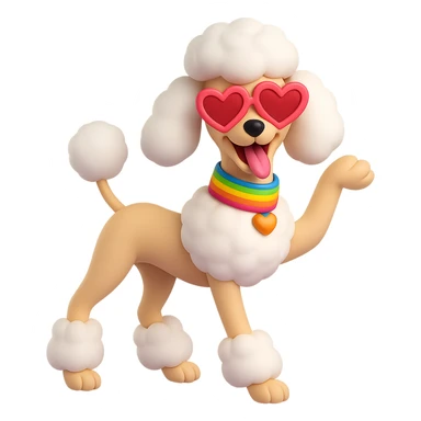 Make the posh poodle funny and flamboyantly gay, featuring a rainbow collar, heart-shaped sunglasses, and a dramatic pose, in the style of 3D emoji with no background. sticker