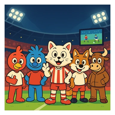 Make the five mascots much more cartoonish and exaggerated, with playful expressions and bold, fun shapes, while keeping the vibrant night soccer stadium, bright lights, green grass, red seats, large screen, and crowd in the background. Preserve the mascot colors and positions. sticker