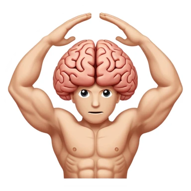 Minimalist and stylized illustration featuring a brain in the center, surrounded by two muscular arms raised on each side. The left arm is clearly a left arm, and the right arm is clearly a right arm, creating a sense of combined strength and intelligence. Vector style, clean colors, high contrast, with a transparent or white background. sticker