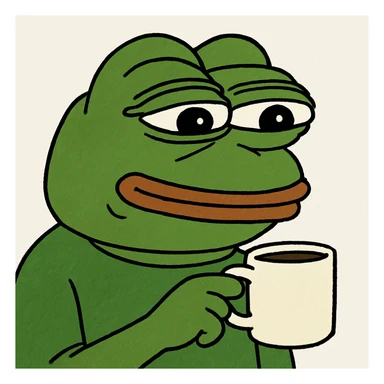 pepe the frog holding a coffee cup, 3D rendered, vibrant colors sticker