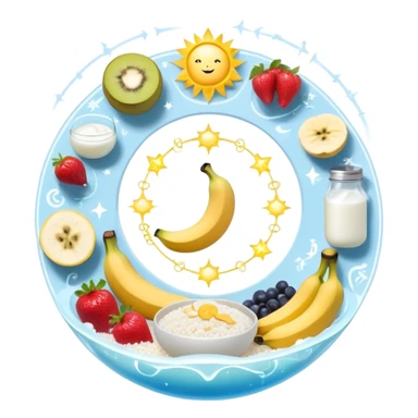 Magical fitness system: water bottle, sun, rice bowl, banana, dumbbell, yogurt, fruit, and moon arranged in a circular flow chart with ethereal glowing connections and sparkles, each item separate but part of one system sticker