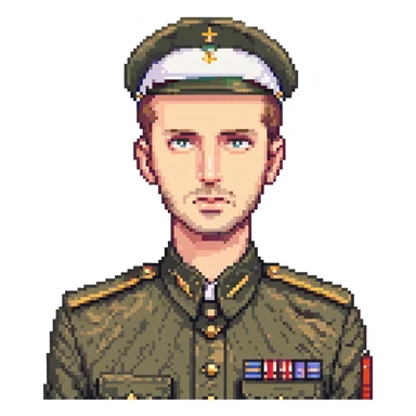 A white man with stubble in a soldier's uniform and a sad face sticker