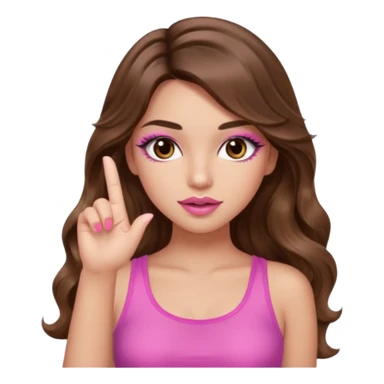 girl with long wavy brown hair, brown eyes, light to medium complexion, in a pink sexy top, pink lips, long lashes, silent motion with the hand one finger up sticker