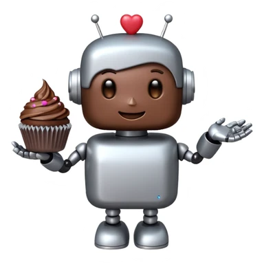 The cute robot is holding dessert in its hands, 3d emoji sticker