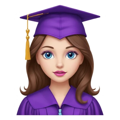 girl with wavy long brown hair, blue eyes, long lashes makeup, sexy pink lips, wearing a purple graduation cap and gown sticker