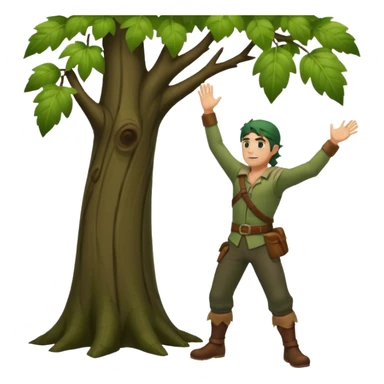 full body forest rogue man, from behind leaning against tree, one arm raised, leaf shadows on back sticker
