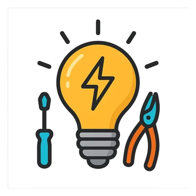 modern icon style illuminated light bulb with electrician details sticker