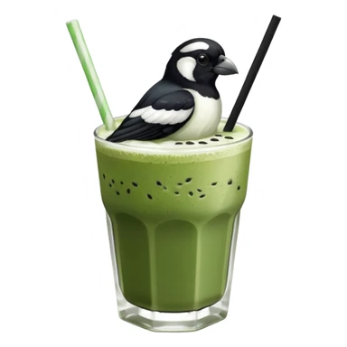  ONE Australien Magpie (just black and white feathers) sitting on an iced matcha latte on the edge of the glass. magpie has green matcha on its beak. matxha latte is in a see through glass and white from the oat milk on the bottom and green without seeds on top… one straw & ice cubes sticker