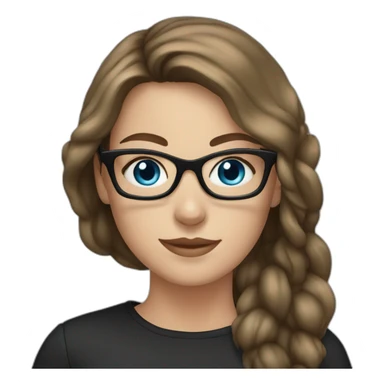 young white woman, brown hair, blue eyes, wearing glasses with black frame sticker