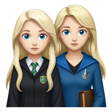 hot Slytherin girl with long blonde hair, blue eyes and big boobs standing with a pretty ravenclaw girl with long dark brown hair and blue eyes sticker