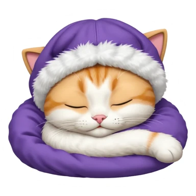 emoji of sleeping cat, its pose is lying, it has on his head FedEx delivery cap sticker