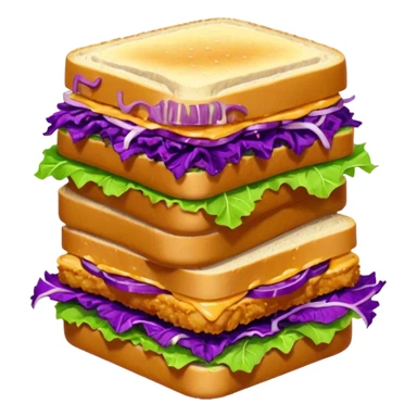 Spicy stacked chicken sandwich — two thick golden toast slices, a crispy breaded chicken fillet, green lettuce, and purple cabbage slaw, with glossy dark sauce dripping down the sides. sticker