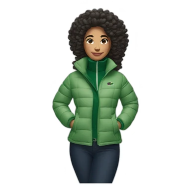 latina woman using Lacoste puffer jacket sticker