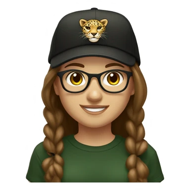 Slavic girl, light skin, smiling with teeth, round brown eyes, leopard frame glasses, long brown straight hair, black T-shirt, dark green cap, badge ribbon. sticker
