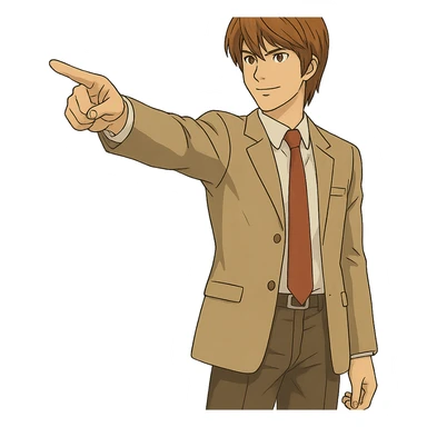 Create an exact Light Yagami in Ghibli style, standing with one hand pointing forward, wearing the same suit, with the same confident expression, transparent background. sticker