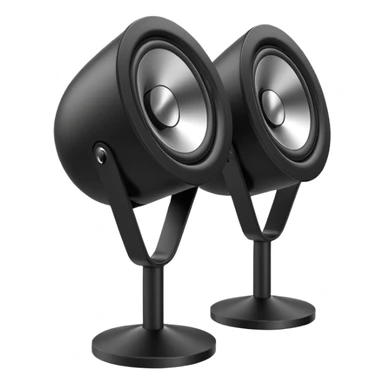 pair of speakers emoji, deep matte black metal body, circular speaker cones with subtle depth, smooth rounded edges, minimalistic futuristic 3D style, luxury aesthetic sticker