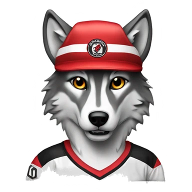 A wolf in a red black and white hockey uniform with a wolf emblem sticker