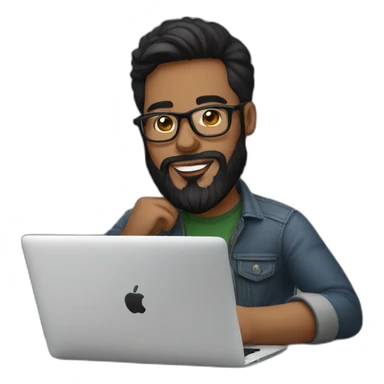 Designer with black hair, beard and glasses working with MacBook and drinking cappuccino  sticker
