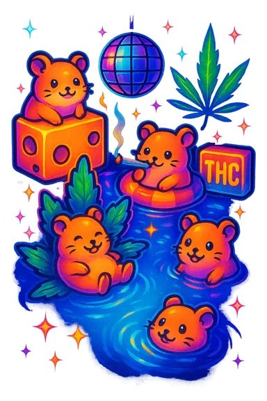Make the pool party scene a night scene with a dark sky, glowing disco ball, neon pool lights, and sparkling stars. Keep the retro nostalgia style, weed, cheese, and THC theme, and preserve transparency if present. sticker