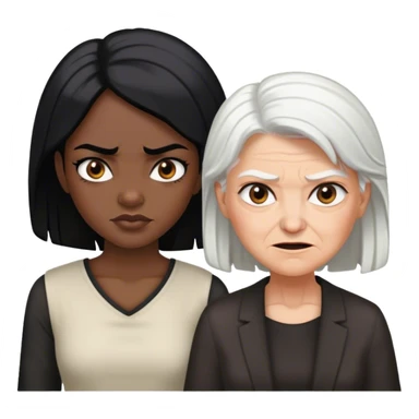 a black-skinned angry girl with black hair next to an older white hairs black lady who smile sticker