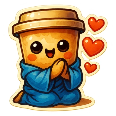 Tall coffee cup, bowing on knees, gushing with love, worship, wearing soft blue monk robes sticker