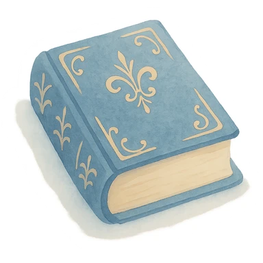 An open antique book in sapphire blue with intricate gold filigree, depicted in a dreamy painterly watercolor style with visible brushstrokes, on a transparent background. sticker