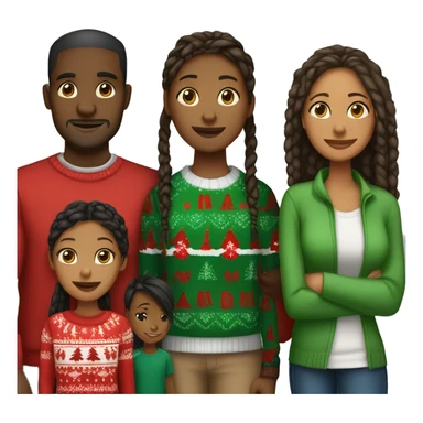 Black family of four members with Dad, Mom, Son, and Daughter. The Son and Daughter are teenagers. The Mom has braids. The Dad is light skinned.All family members are wearing Christmas sweaters and Santa hats.  sticker