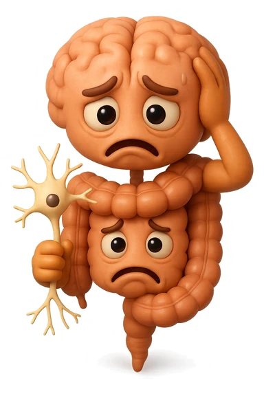 EMOJI STILE IPHONE DI UN INTESTINO collegato verticalmente ad un cervello mentre tiene in mano un neurone, espressione stressata, IPERREALISTICO 4K sticker
