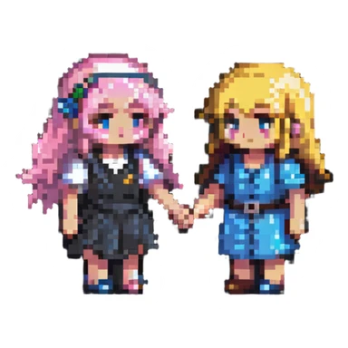 two pixel art characters holding hands, blushing, cute, safe for work sticker