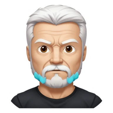 White haired muscled adult man with a black t-shirt. He has white beard and a long goatee. Dark brown eyes and some wrinkles. Attractive, Wolverine vibes. Not too old. sticker