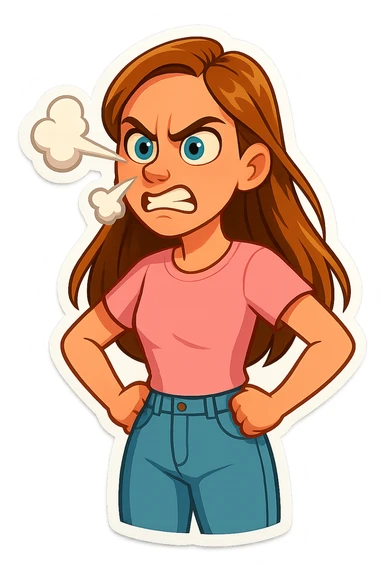 3D cartoon sticker, DreamWorks style of a 30-year-old woman with long light brown hair below shoulder blades, fair skin, large expressive blue eyes, slight bump on nose, wearing a pastel pink t-shirt and light blue mom jeans, angry with steam from nose, soft light, white sticker outline sticker